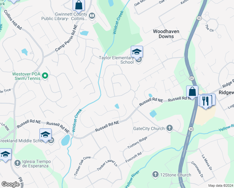 map of restaurants, bars, coffee shops, grocery stores, and more near 1895 Waters Ferry Drive in Lawrenceville