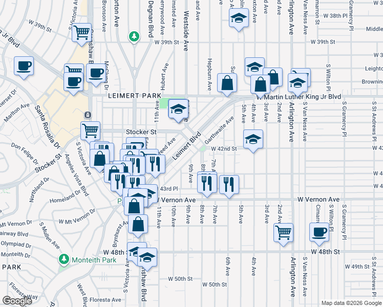 map of restaurants, bars, coffee shops, grocery stores, and more near 4227 8th Avenue in Los Angeles