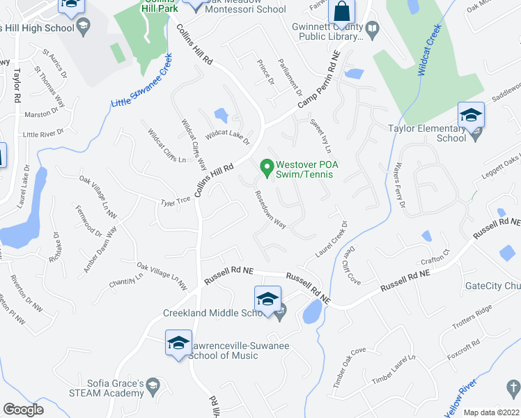 map of restaurants, bars, coffee shops, grocery stores, and more near 385 Rosedown Way in Lawrenceville