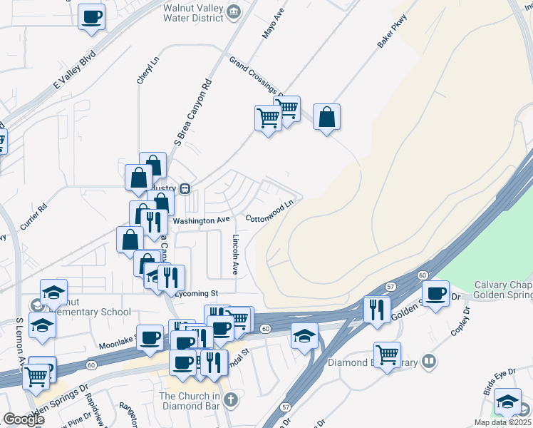 map of restaurants, bars, coffee shops, grocery stores, and more near 21259 Cottonwood Lane in Walnut