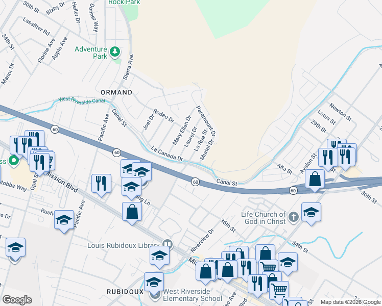 map of restaurants, bars, coffee shops, grocery stores, and more near in Jurupa Valley
