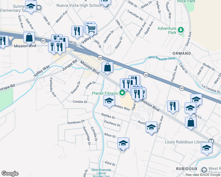 map of restaurants, bars, coffee shops, grocery stores, and more near 3855 Stobbs Way in Riverside