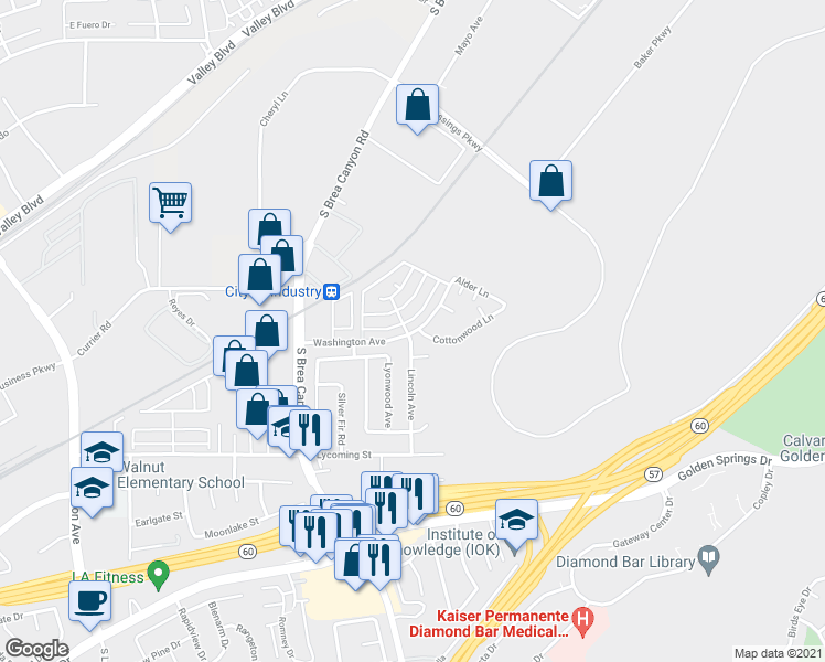 map of restaurants, bars, coffee shops, grocery stores, and more near 21239 Fibre Court in Walnut