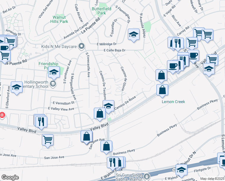 map of restaurants, bars, coffee shops, grocery stores, and more near 550 Camino De Teodoro in Walnut