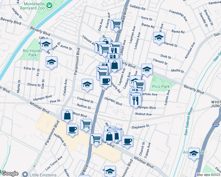 map of restaurants, bars, coffee shops, grocery stores, and more near 4641 Walnut Avenue in Pico Rivera