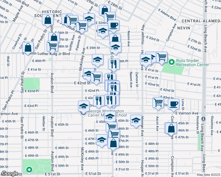 map of restaurants, bars, coffee shops, grocery stores, and more near 1054 East 42nd Place in Los Angeles