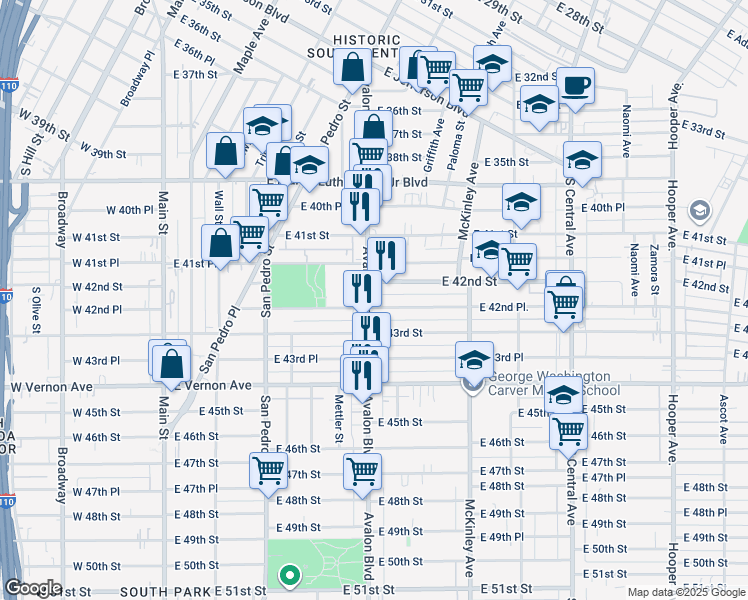 map of restaurants, bars, coffee shops, grocery stores, and more near 630 East 42nd Place in Los Angeles