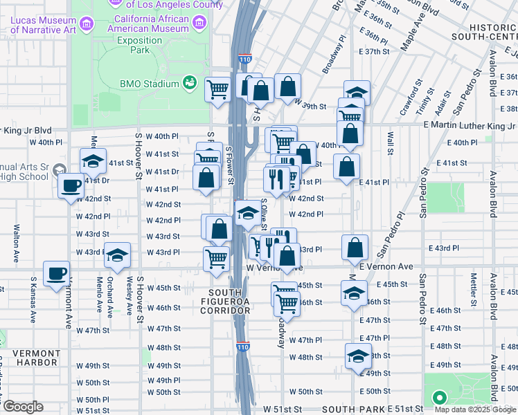 map of restaurants, bars, coffee shops, grocery stores, and more near 4231 South Olive Street in Los Angeles
