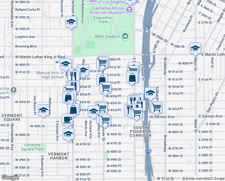 map of restaurants, bars, coffee shops, grocery stores, and more near 637 West 42nd Place in Los Angeles