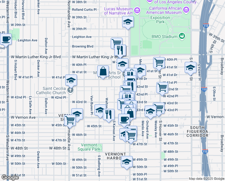 map of restaurants, bars, coffee shops, grocery stores, and more near 4226 Walton Avenue in Los Angeles