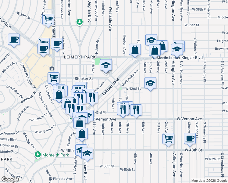 map of restaurants, bars, coffee shops, grocery stores, and more near 4227 8th Avenue in Los Angeles