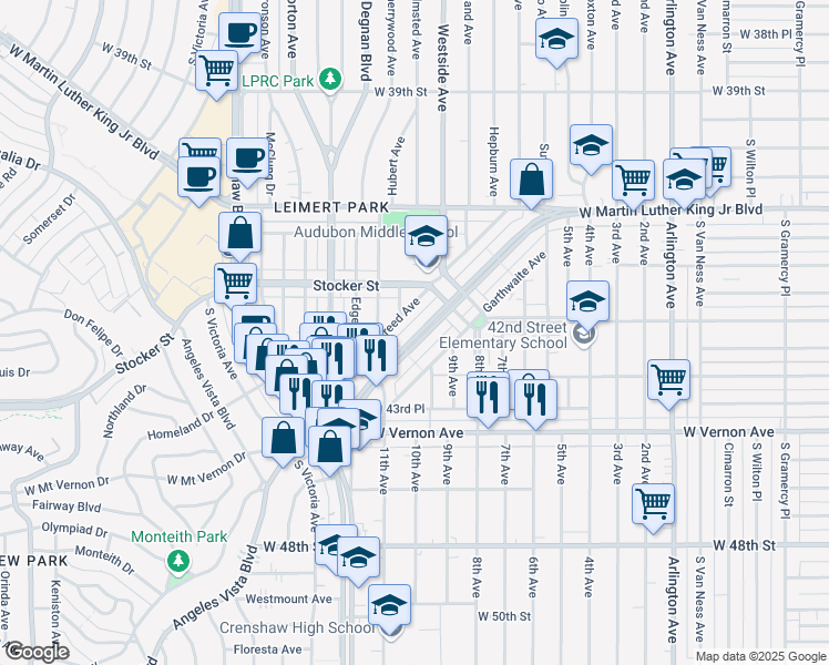 map of restaurants, bars, coffee shops, grocery stores, and more near 4264 Leimert Boulevard in Los Angeles