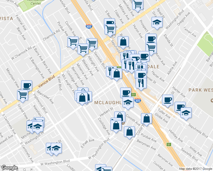map of restaurants, bars, coffee shops, grocery stores, and more near 11358 Washington Place in Los Angeles