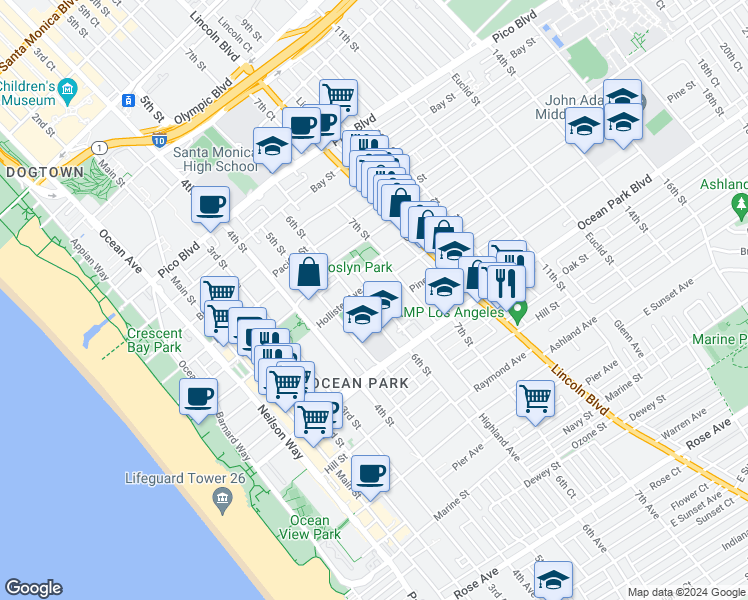 map of restaurants, bars, coffee shops, grocery stores, and more near 2460 Beverley Avenue in Santa Monica