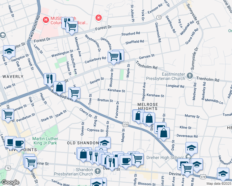 map of restaurants, bars, coffee shops, grocery stores, and more near 1210 Woodrow Street in Columbia