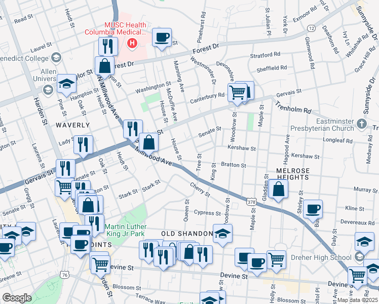 map of restaurants, bars, coffee shops, grocery stores, and more near N2463 Bratton Street in Columbia