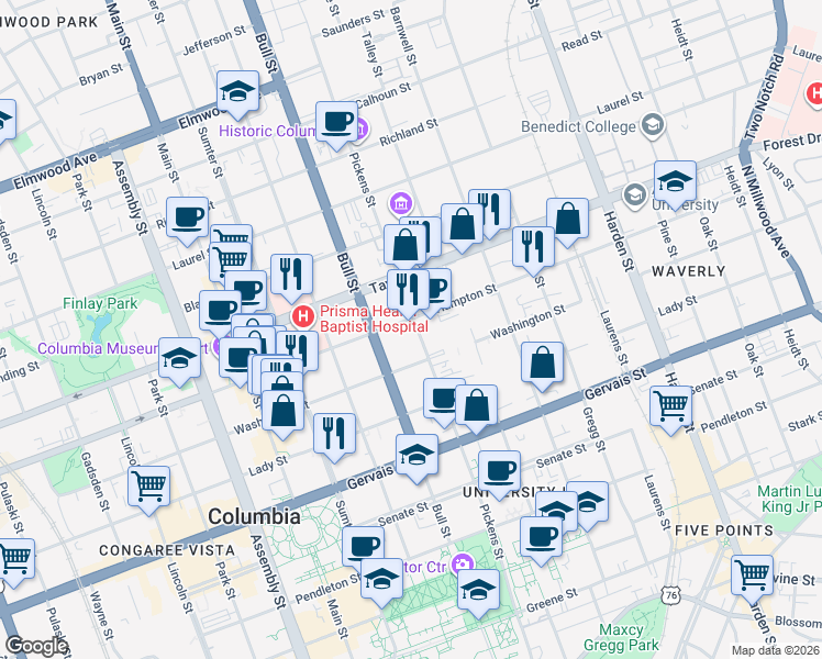 map of restaurants, bars, coffee shops, grocery stores, and more near 1370 Pickens Street in Columbia