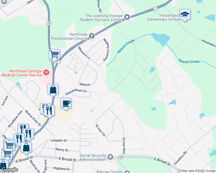 map of restaurants, bars, coffee shops, grocery stores, and more near 599 Calgary Downs Drive in Winder
