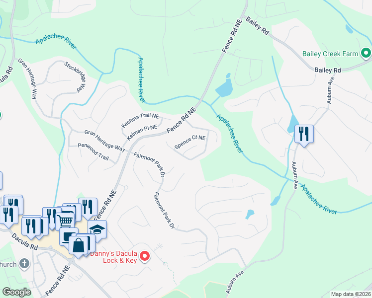 map of restaurants, bars, coffee shops, grocery stores, and more near 2786 Riders Court Northeast in Dacula