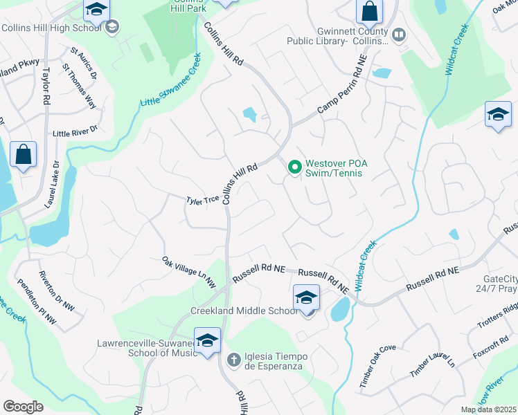 map of restaurants, bars, coffee shops, grocery stores, and more near 115 Foster Trace Drive in Lawrenceville
