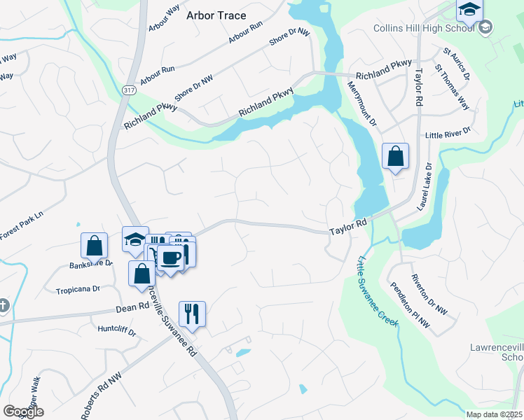 map of restaurants, bars, coffee shops, grocery stores, and more near 2156 Deer Trail Northwest in Suwanee