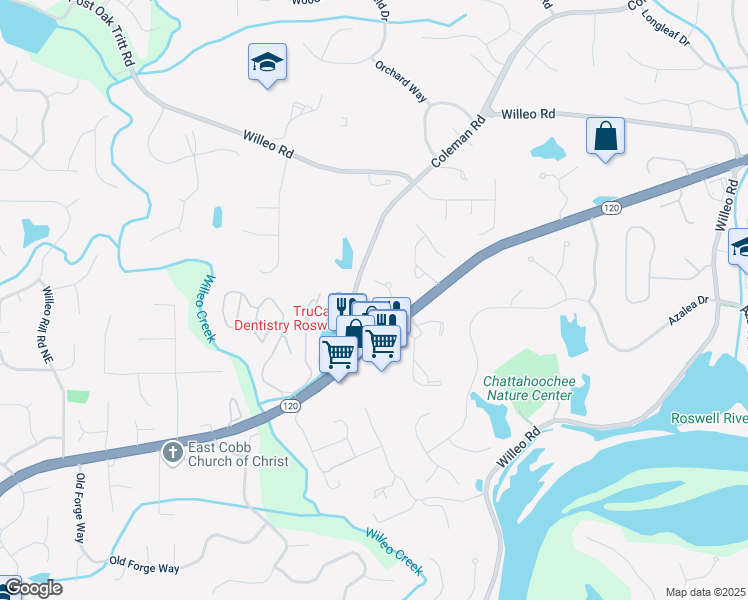 map of restaurants, bars, coffee shops, grocery stores, and more near 4040 Connolly Court in Roswell