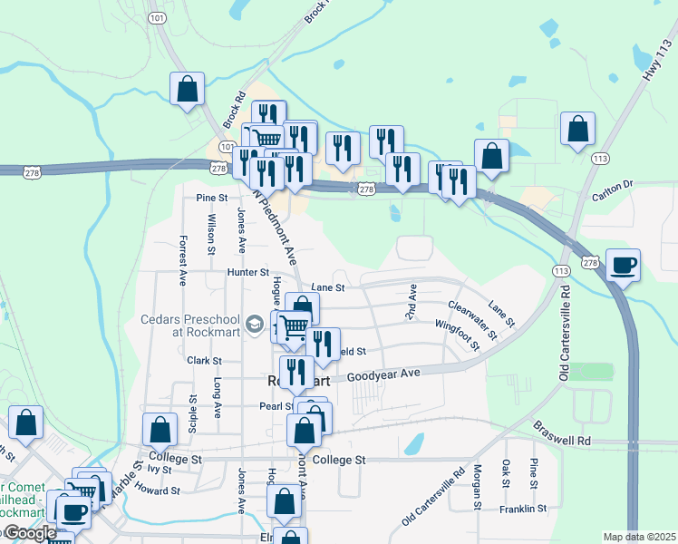map of restaurants, bars, coffee shops, grocery stores, and more near 531 Lane Street in Rockmart