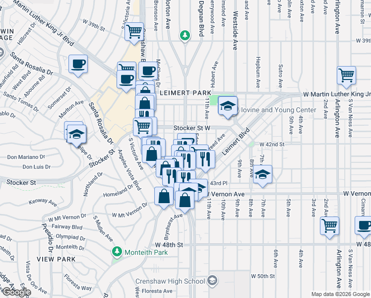 map of restaurants, bars, coffee shops, grocery stores, and more near 3413 West 43rd Street in Los Angeles
