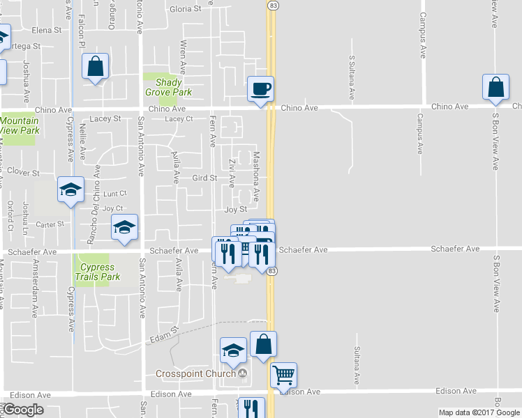 map of restaurants, bars, coffee shops, grocery stores, and more near 13563 Mashona Avenue in Chino