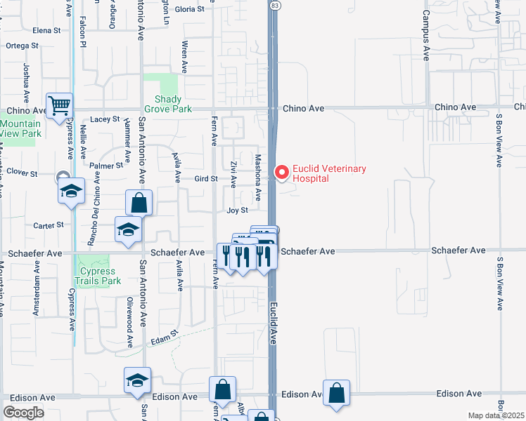 map of restaurants, bars, coffee shops, grocery stores, and more near 13563 Mashona Avenue in Chino