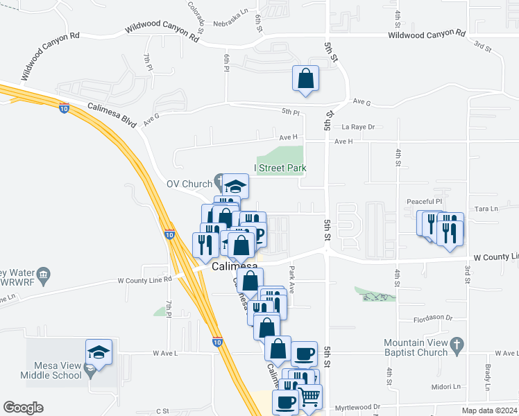 map of restaurants, bars, coffee shops, grocery stores, and more near 34108 Avenue J in Yucaipa