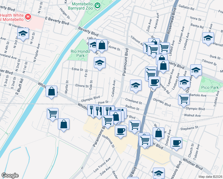 map of restaurants, bars, coffee shops, grocery stores, and more near 4713 Calada Avenue in Pico Rivera