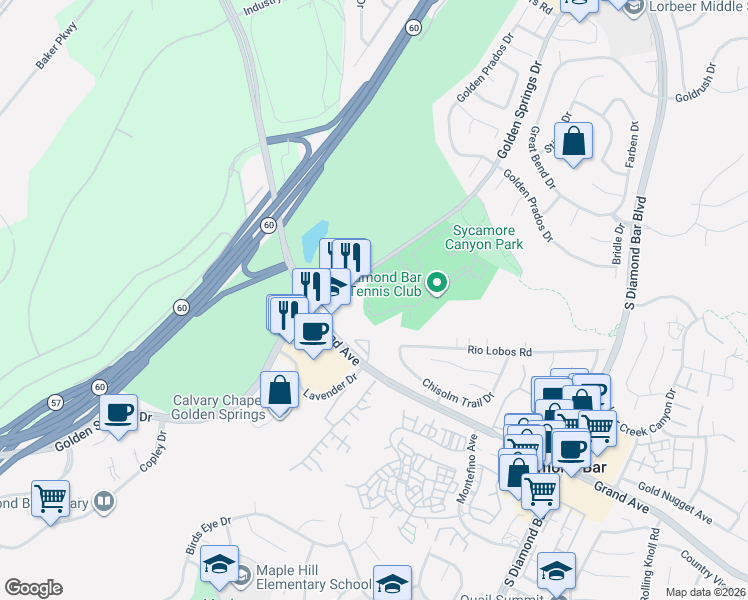 map of restaurants, bars, coffee shops, grocery stores, and more near 22765 Lakeway Drive in Diamond Bar
