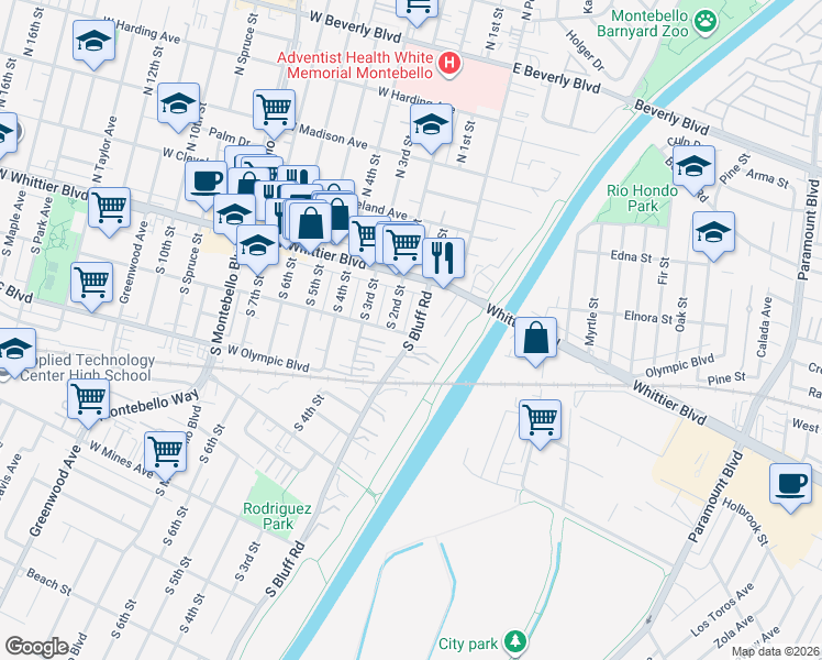 map of restaurants, bars, coffee shops, grocery stores, and more near 146 South Bluff Road in Montebello