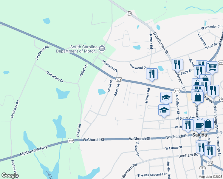 map of restaurants, bars, coffee shops, grocery stores, and more near 110 Angel Street in Saluda