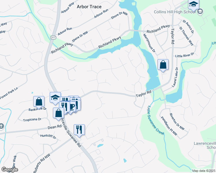 map of restaurants, bars, coffee shops, grocery stores, and more near 2156 Deer Trail Northwest in Suwanee