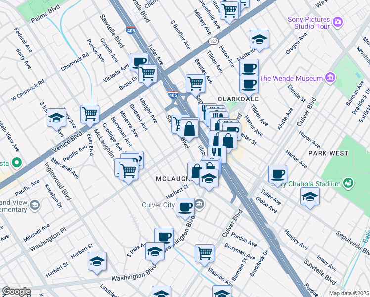 map of restaurants, bars, coffee shops, grocery stores, and more near 4030 Sawtelle Boulevard in Los Angeles
