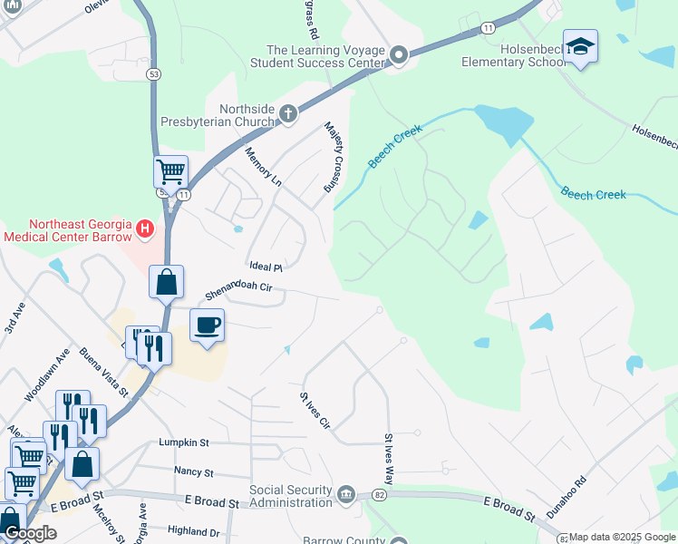 map of restaurants, bars, coffee shops, grocery stores, and more near 599 Calgary Downs Drive in Winder