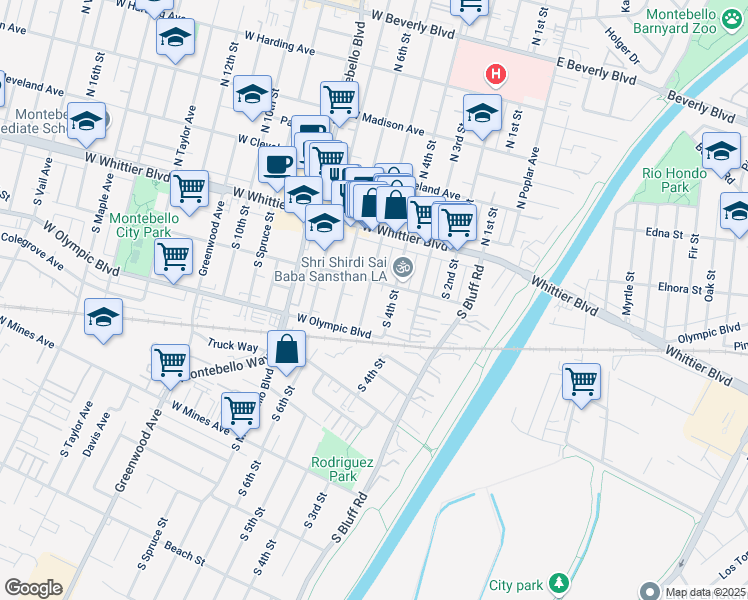 map of restaurants, bars, coffee shops, grocery stores, and more near 230 South 5th Street in Montebello