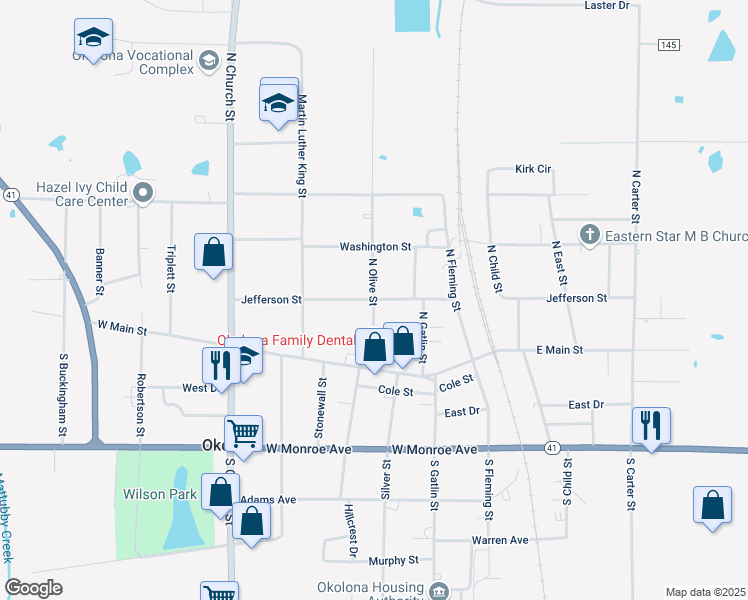 map of restaurants, bars, coffee shops, grocery stores, and more near 198 N Olive St in Okolona