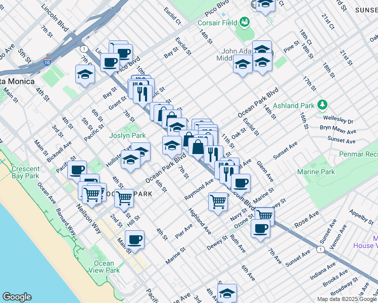 map of restaurants, bars, coffee shops, grocery stores, and more near Lincoln Blvd & Ocean Park Blvd in Santa Monica