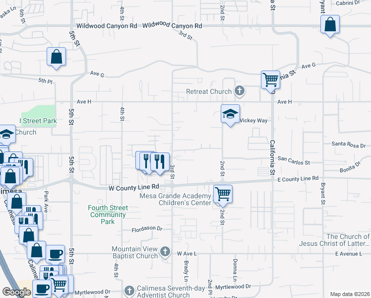 map of restaurants, bars, coffee shops, grocery stores, and more near 34750 Tara Lane in Yucaipa