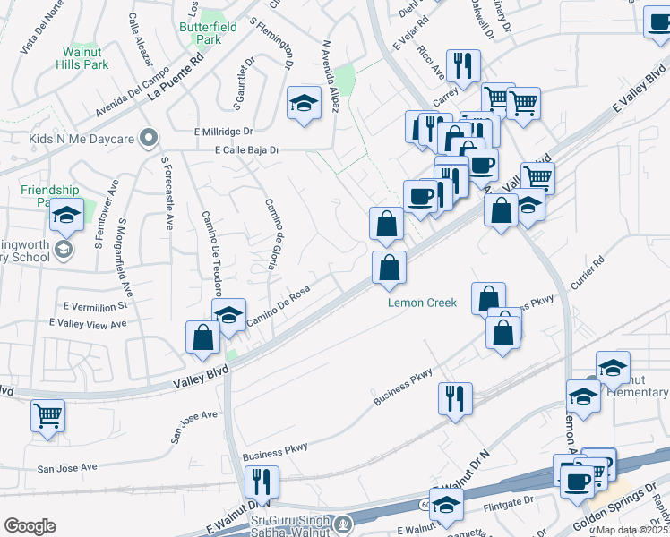 map of restaurants, bars, coffee shops, grocery stores, and more near 689 Castlehill Drive in Walnut