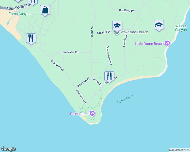 map of restaurants, bars, coffee shops, grocery stores, and more near 7160 Dume Drive in Malibu
