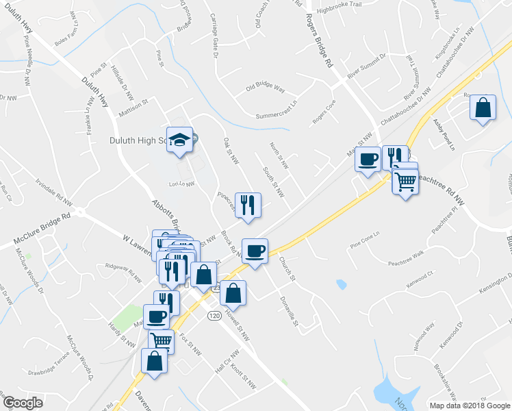 map of restaurants, bars, coffee shops, grocery stores, and more near 2921 Hill Street Northwest in Duluth
