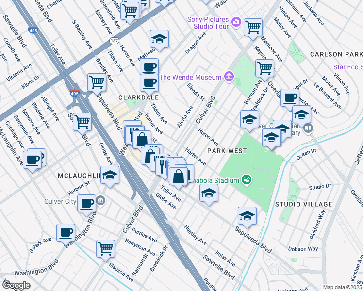 map of restaurants, bars, coffee shops, grocery stores, and more near 11031 Culver Boulevard in Culver City