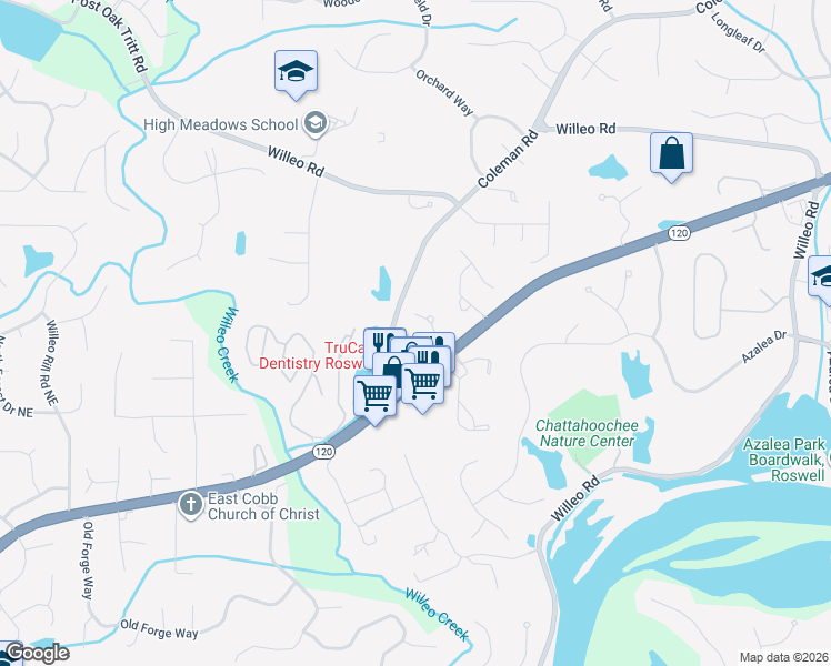 map of restaurants, bars, coffee shops, grocery stores, and more near 4040 Connolly Court in Roswell