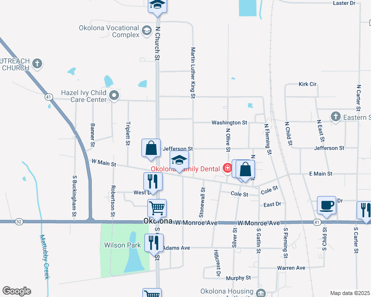 map of restaurants, bars, coffee shops, grocery stores, and more near 401-415 Jefferson Ave in Okolona