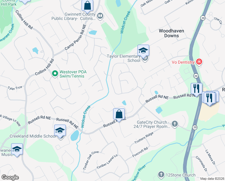 map of restaurants, bars, coffee shops, grocery stores, and more near 2120 Waters Ferry Drive in Lawrenceville