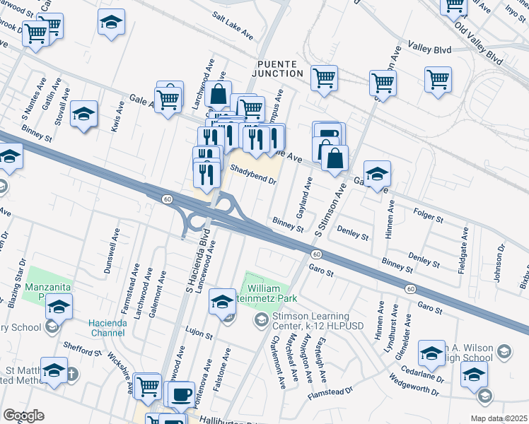 map of restaurants, bars, coffee shops, grocery stores, and more near 1255 Falstone Avenue in La Puente